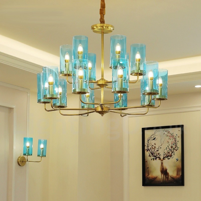 Lustre suspendu de luxe rustique rétro à 16 lumières en laiton avec abat-jour en verre