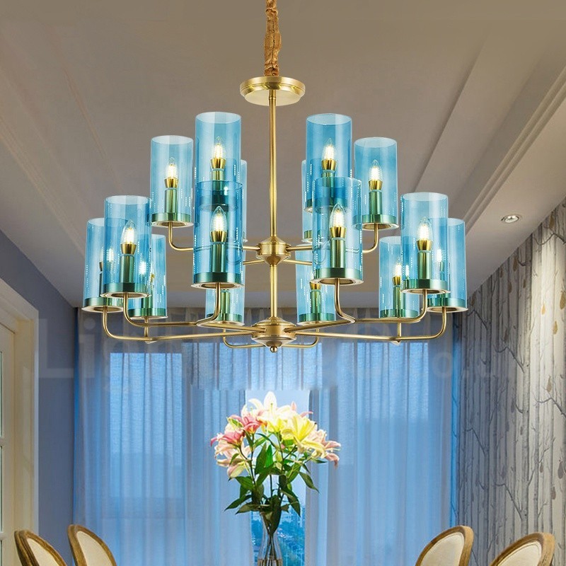 Lustre suspendu de luxe rustique rétro à 16 lumières en laiton avec abat-jour en verre