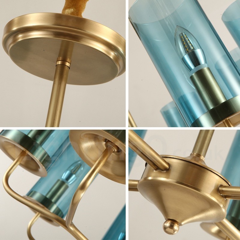 Lustre suspendu de luxe rustique rétro à 16 lumières en laiton avec abat-jour en verre