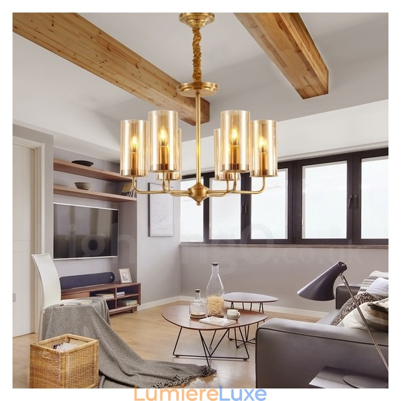 Lustre suspendu de luxe rustique rétro à 6 lumières en laiton avec abat-jour en verre