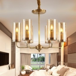 Lustre suspendu de luxe rustique rétro à 6 lumières en laiton avec abat-jour en verre