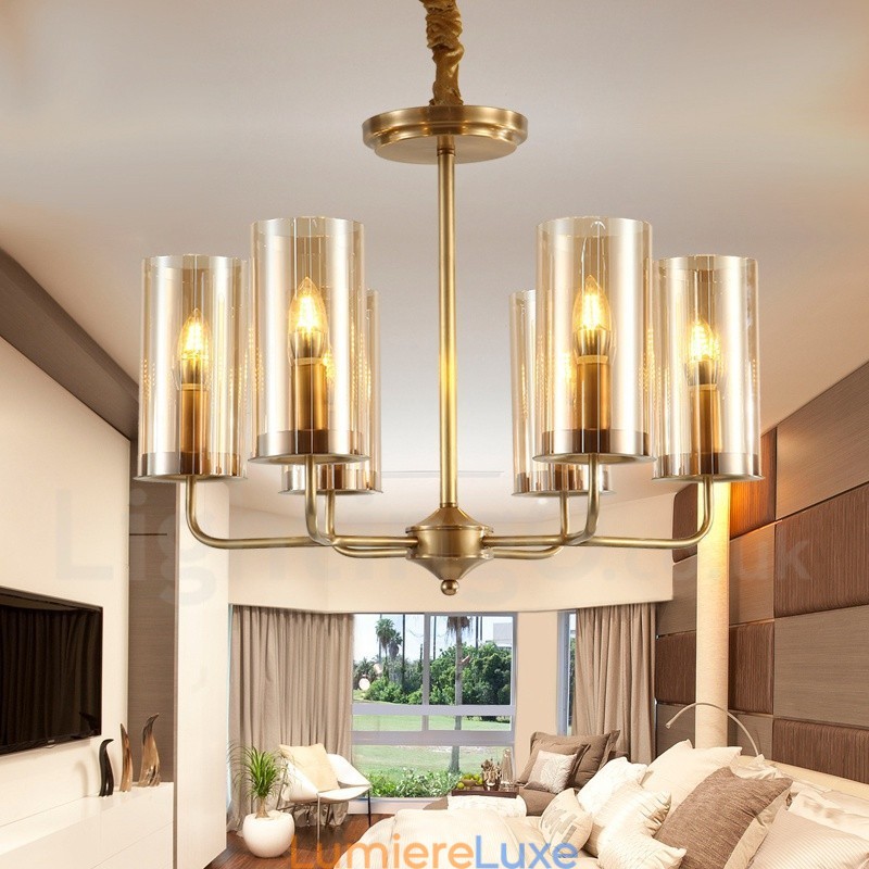 Lustre suspendu de luxe rustique rétro à 6 lumières en laiton avec abat-jour en verre
