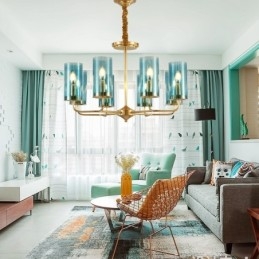 Lustre suspendu de luxe rustique rétro à 8 lumières en laiton avec abat-jour en verre