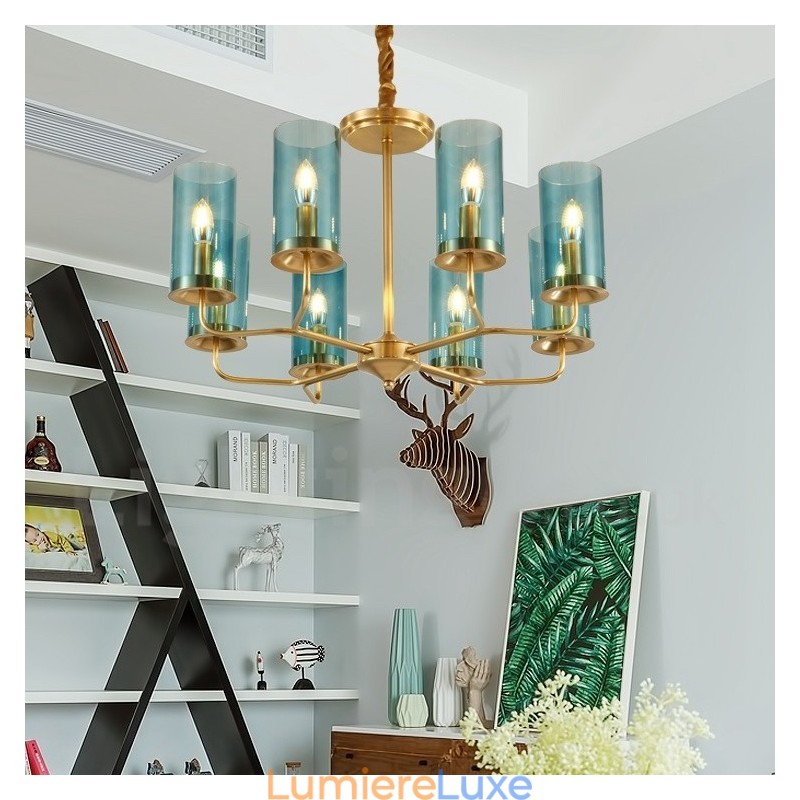 Lustre suspendu de luxe rustique rétro à 8 lumières en laiton avec abat-jour en verre