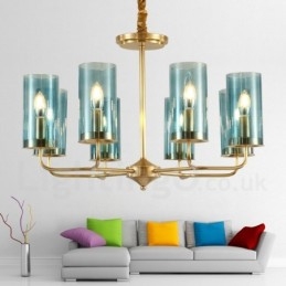 Lustre suspendu de luxe rustique rétro à 8 lumières en laiton avec abat-jour en verre