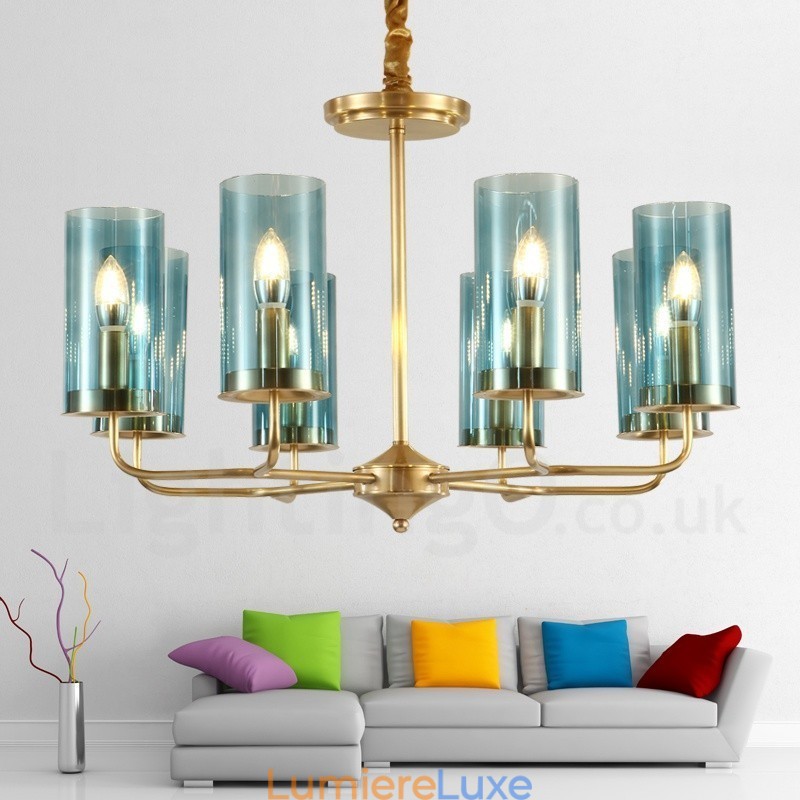 Lustre suspendu de luxe rustique rétro à 8 lumières en laiton avec abat-jour en verre