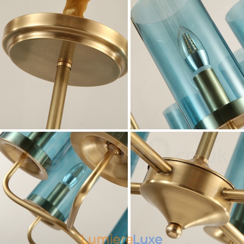 Lustre suspendu de luxe rustique rétro à 8 lumières en laiton avec abat-jour en verre