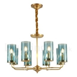 Lustre suspendu de luxe rustique rétro à 8 lumières en laiton avec abat-jour en verre
