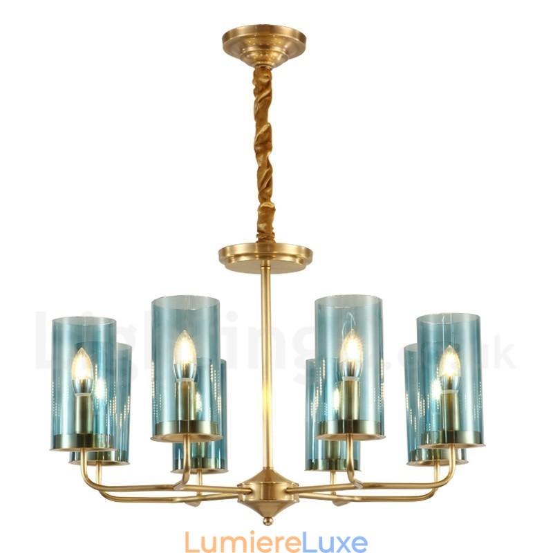 Lustre suspendu de luxe rustique rétro à 8 lumières en laiton avec abat-jour en verre