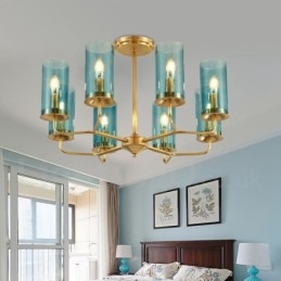 Lustre suspendu de luxe rustique rétro à 8 lumières en laiton avec abat-jour en verre