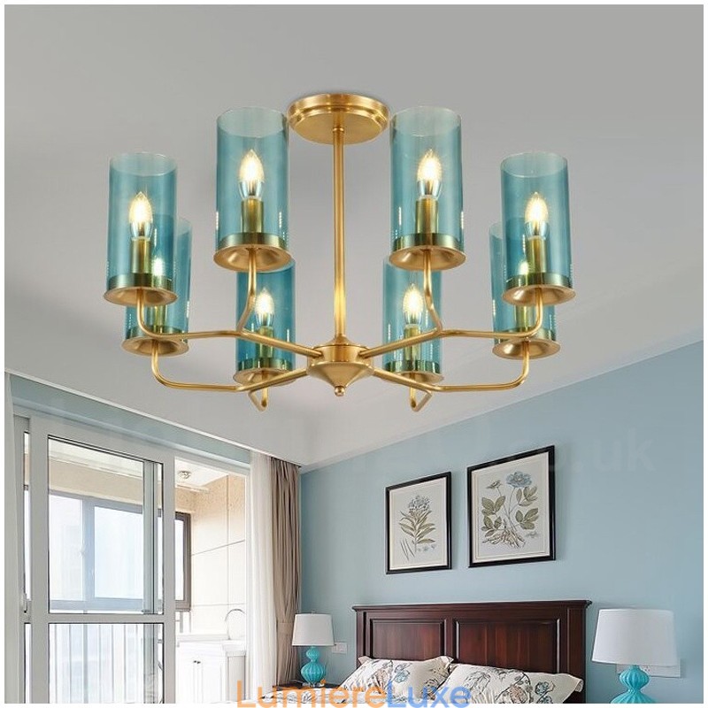 Lustre suspendu de luxe rustique rétro à 8 lumières en laiton avec abat-jour en verre