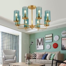 Lustre suspendu de luxe rustique rétro à 8 lumières en laiton avec abat-jour en verre