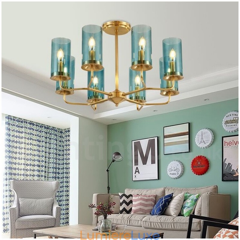 Lustre suspendu de luxe rustique rétro à 8 lumières en laiton avec abat-jour en verre