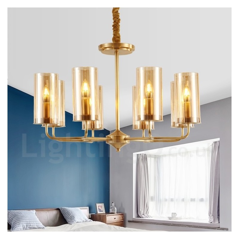 Lustre suspendu de luxe rustique rétro à 8 lumières en laiton avec abat-jour en verre