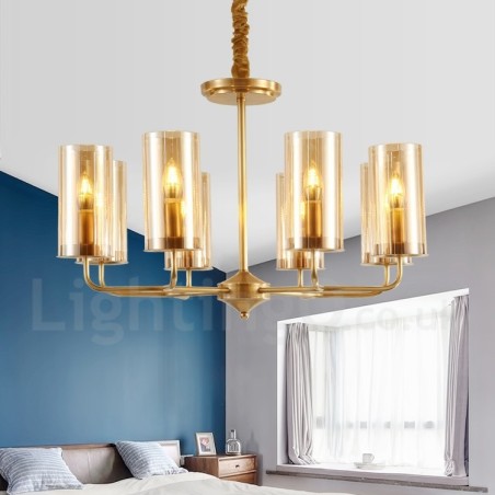 Lustre suspendu de luxe rustique rétro à 8 lumières en laiton avec abat-jour en verre Lustre suspendu de luxe rustique rétro à 8 lumières en laiton avec abat-jour en verre