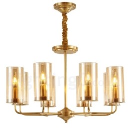 Lustre suspendu de luxe rustique rétro à 8 lumières en laiton avec abat-jour en verre