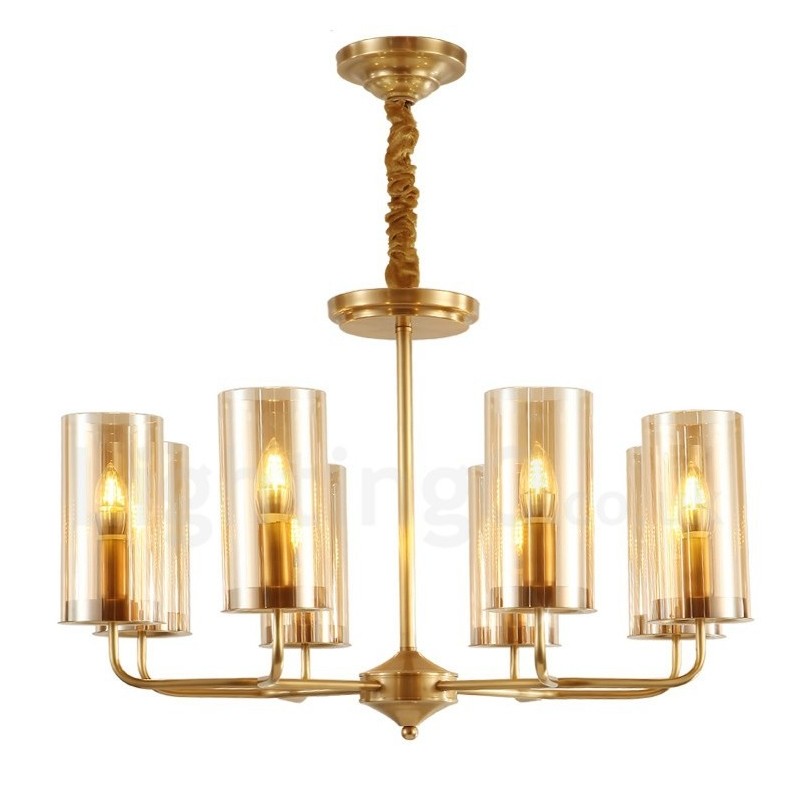 Lustre suspendu de luxe rustique rétro à 8 lumières en laiton avec abat-jour en verre