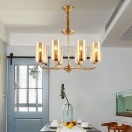 Lustre suspendu de luxe rustique rétro à 8 lumières en laiton avec abat-jour en verre