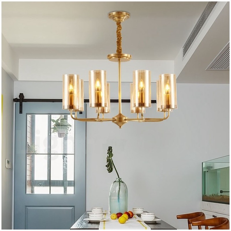 Lustre suspendu de luxe rustique rétro à 8 lumières en laiton avec abat-jour en verre