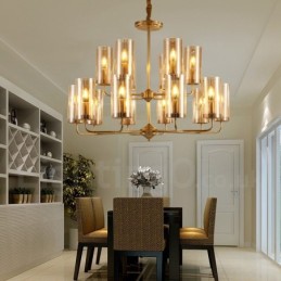 Lustre suspendu de luxe rustique rétro à 16 lumières en laiton avec abat-jour en verre