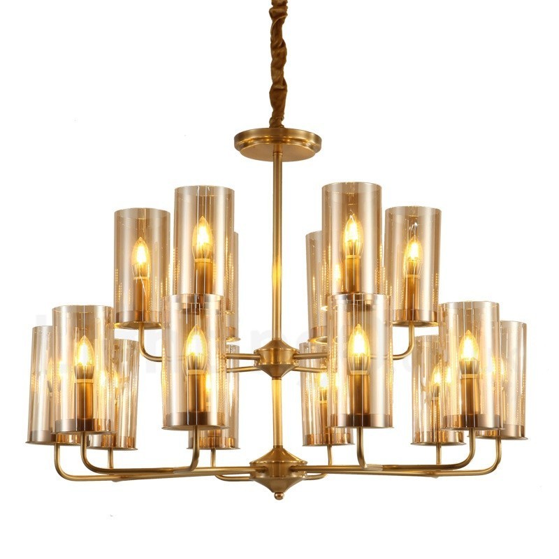Lustre suspendu de luxe rustique rétro à 16 lumières en laiton avec abat-jour en verre