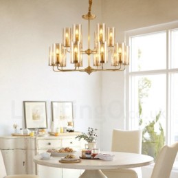 Lustre suspendu de luxe rustique rétro à 16 lumières en laiton avec abat-jour en verre