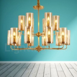 Lustre suspendu de luxe rustique rétro à 16 lumières en laiton avec abat-jour en verre