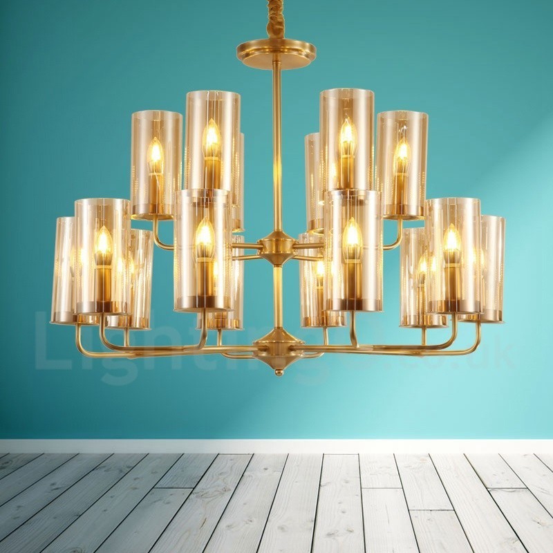 Lustre suspendu de luxe rustique rétro à 16 lumières en laiton avec abat-jour en verre
