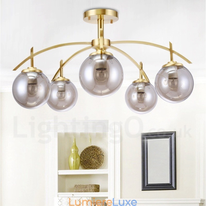 Lustre suspendu de luxe rustique rétro à 8 lumières en laiton avec abat-jour en verre