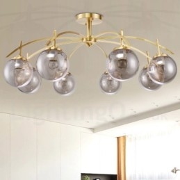 Lustre suspendu de luxe rustique rétro à 8 lumières en laiton avec abat-jour en verre
