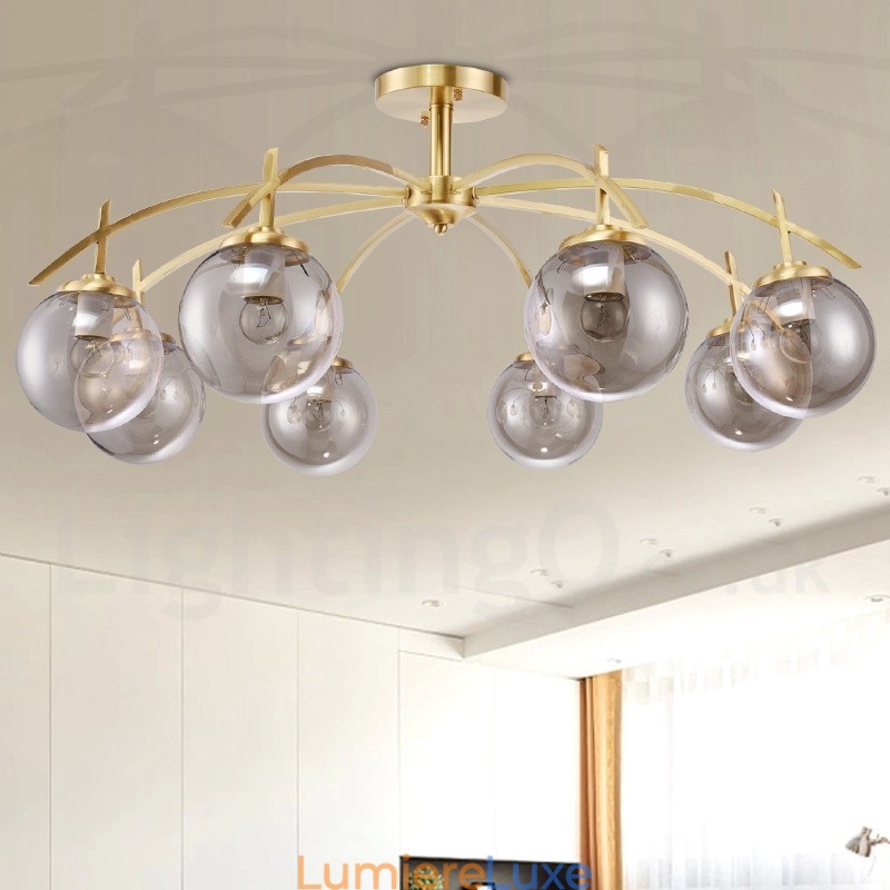 Lustre suspendu de luxe rustique rétro à 8 lumières en laiton avec abat-jour en verre