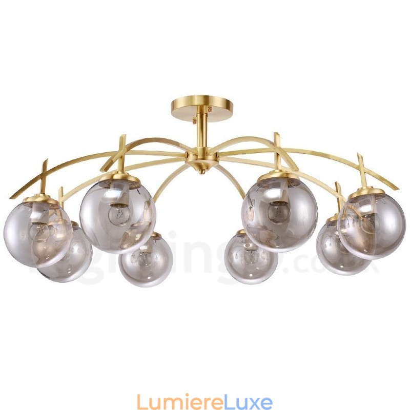 Lustre suspendu de luxe rustique rétro à 8 lumières en laiton avec abat-jour en verre