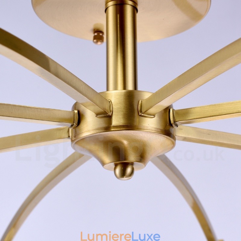 Lustre suspendu de luxe rustique rétro à 8 lumières en laiton avec abat-jour en verre