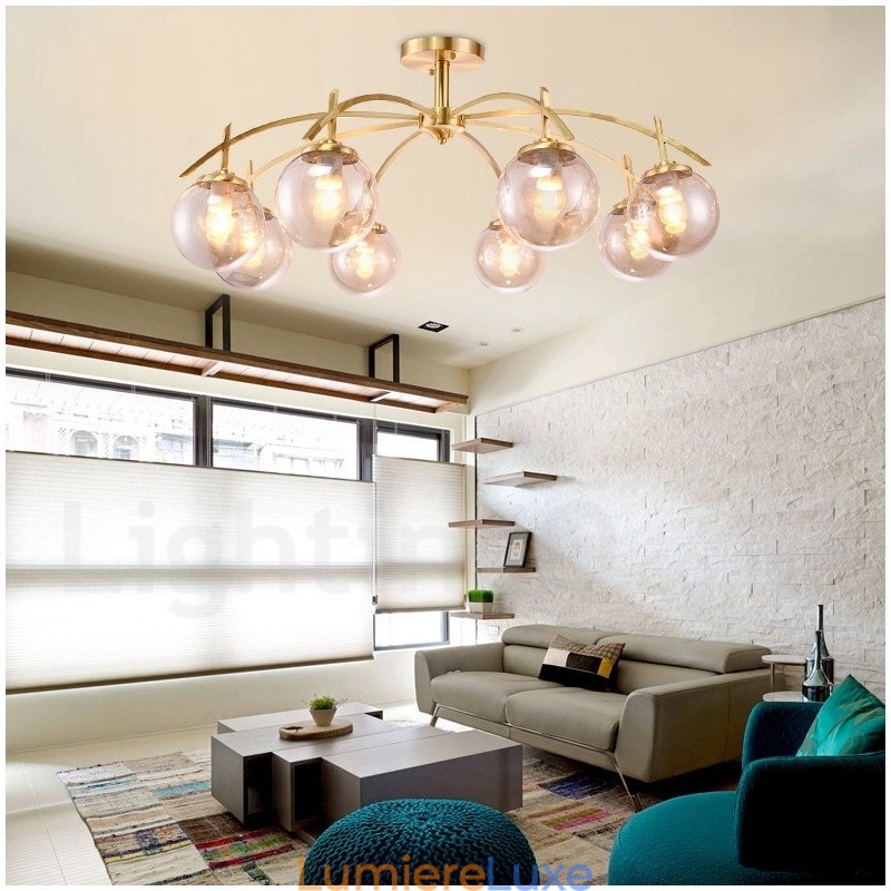 Lustre suspendu de luxe rustique rétro à 8 lumières en laiton avec abat-jour en verre