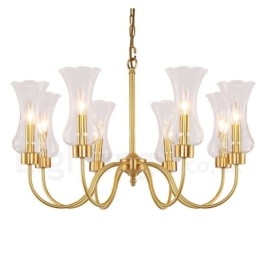 Lustre suspendu de luxe rustique rétro à 8 lumières en laiton avec abat-jour en verre