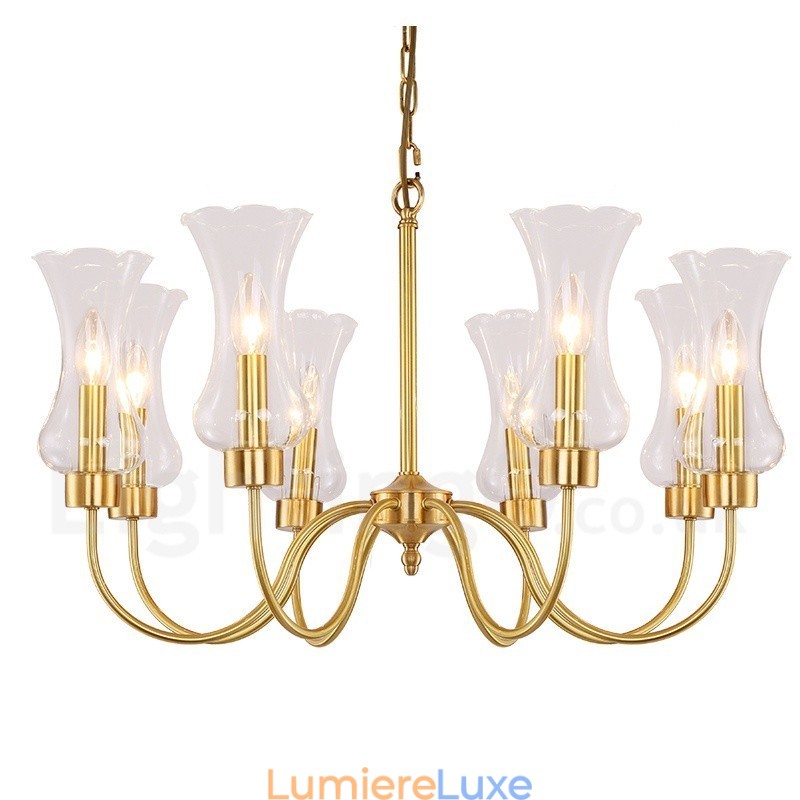 Lustre suspendu de luxe rustique rétro à 8 lumières en laiton avec abat-jour en verre