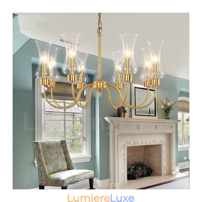 Lustre suspendu de luxe rustique rétro à 8 lumières en laiton avec abat-jour en verre