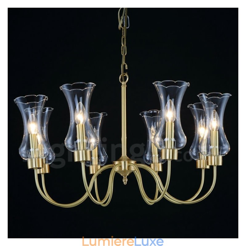 Lustre suspendu de luxe rustique rétro à 8 lumières en laiton avec abat-jour en verre