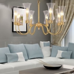 Lustre suspendu de luxe rustique rétro à 8 lumières en laiton avec abat-jour en verre