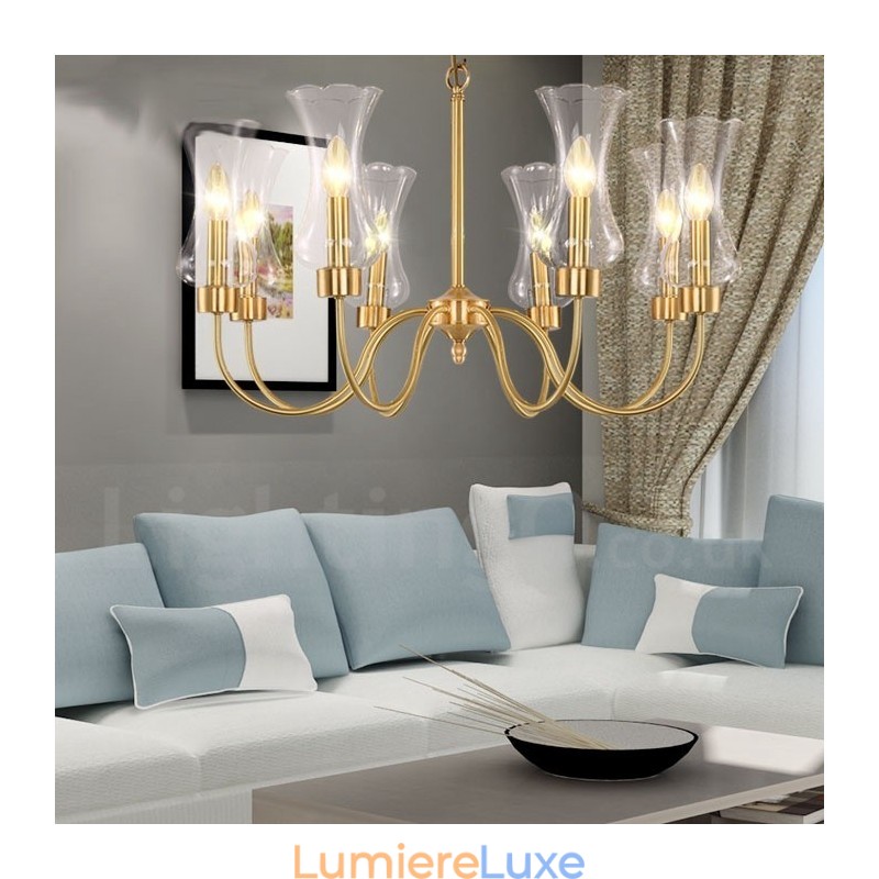 Lustre suspendu de luxe rustique rétro à 8 lumières en laiton avec abat-jour en verre