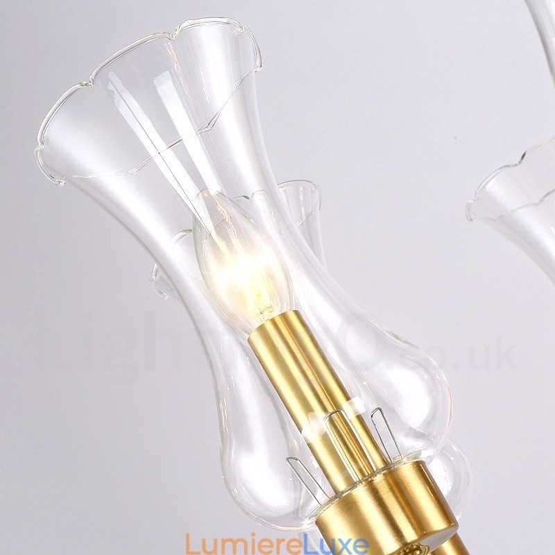 Lustre suspendu de luxe rustique rétro à 8 lumières en laiton avec abat-jour en verre