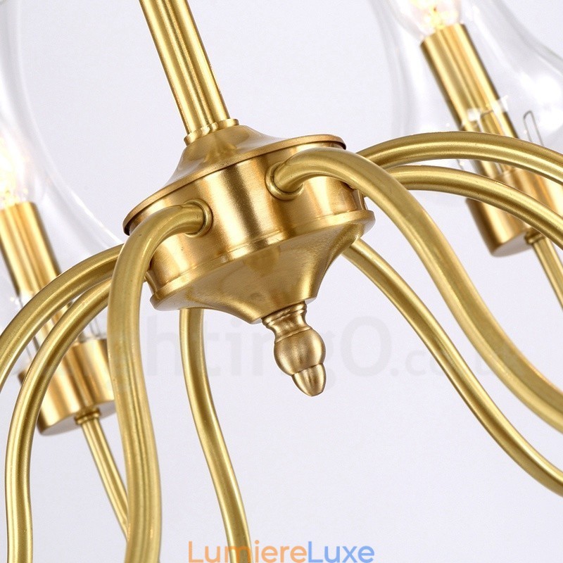 Lustre suspendu de luxe rustique rétro à 8 lumières en laiton avec abat-jour en verre