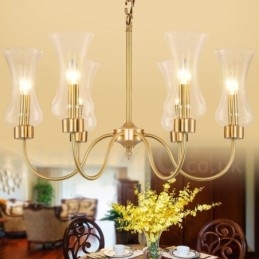 Lustre suspendu de luxe rustique rétro à 6 lumières en laiton avec abat-jour en verre