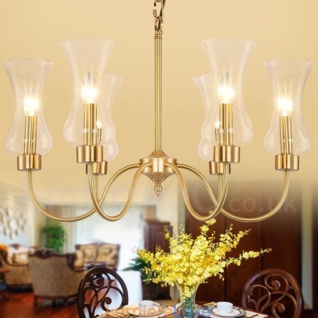 Lustre suspendu de luxe rustique rétro à 6 lumières en laiton avec abat-jour en verre Lustre suspendu de luxe rustique rétro à 6 lumières en laiton avec abat-jour en verre