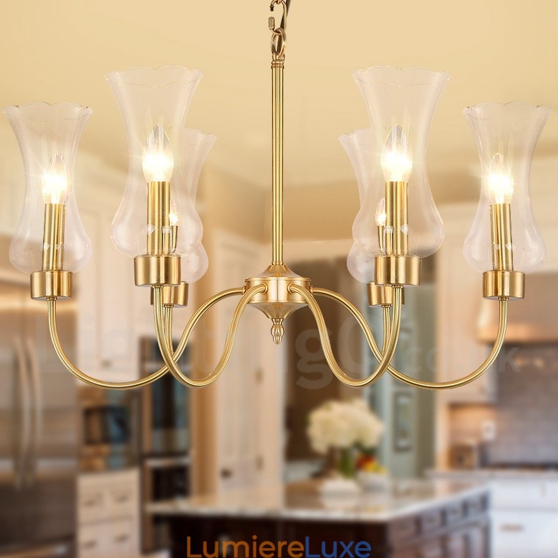 Lustre suspendu de luxe rustique rétro à 6 lumières en laiton avec abat-jour en verre