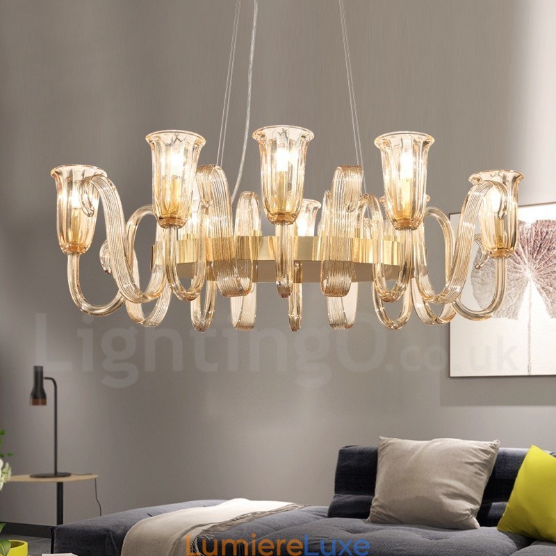 Lustre suspendu de luxe rustique rétro à 8 lumières en alliage d'aluminium avec abat-jour en verre