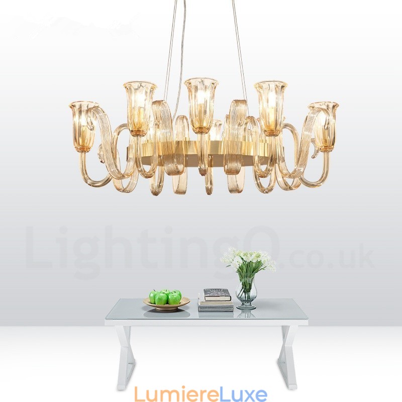 Lustre suspendu de luxe rustique rétro à 8 lumières en alliage d'aluminium avec abat-jour en verre