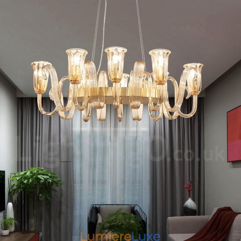 Lustre suspendu de luxe rustique rétro à 8 lumières en alliage d'aluminium avec abat-jour en verre