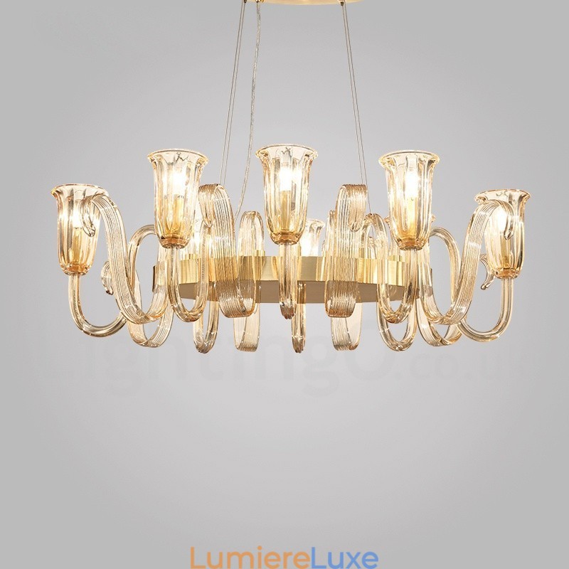 Lustre suspendu de luxe rustique rétro à 8 lumières en alliage d'aluminium avec abat-jour en verre