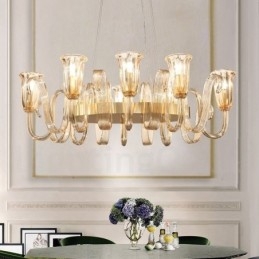 Lustre suspendu de luxe rustique rétro à 8 lumières en alliage d'aluminium avec abat-jour en verre